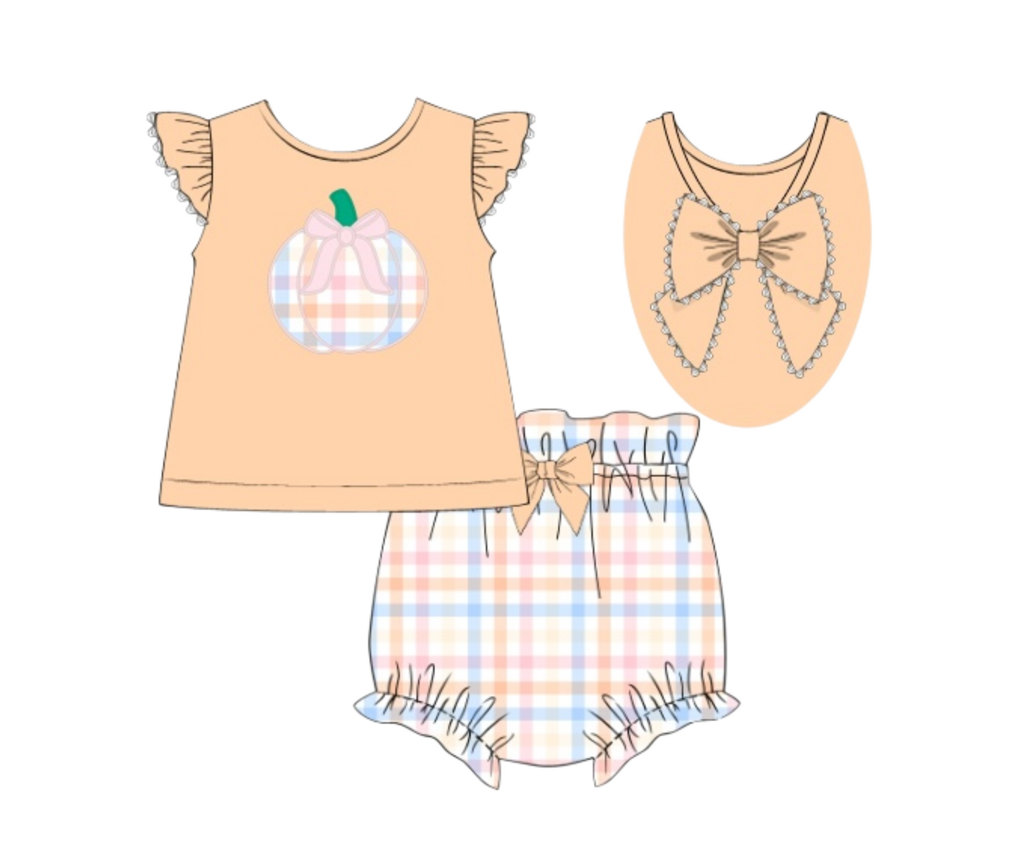 RTS - Gingham Appliqué Pumpkins - Traci’s Bow Back Diaper Set