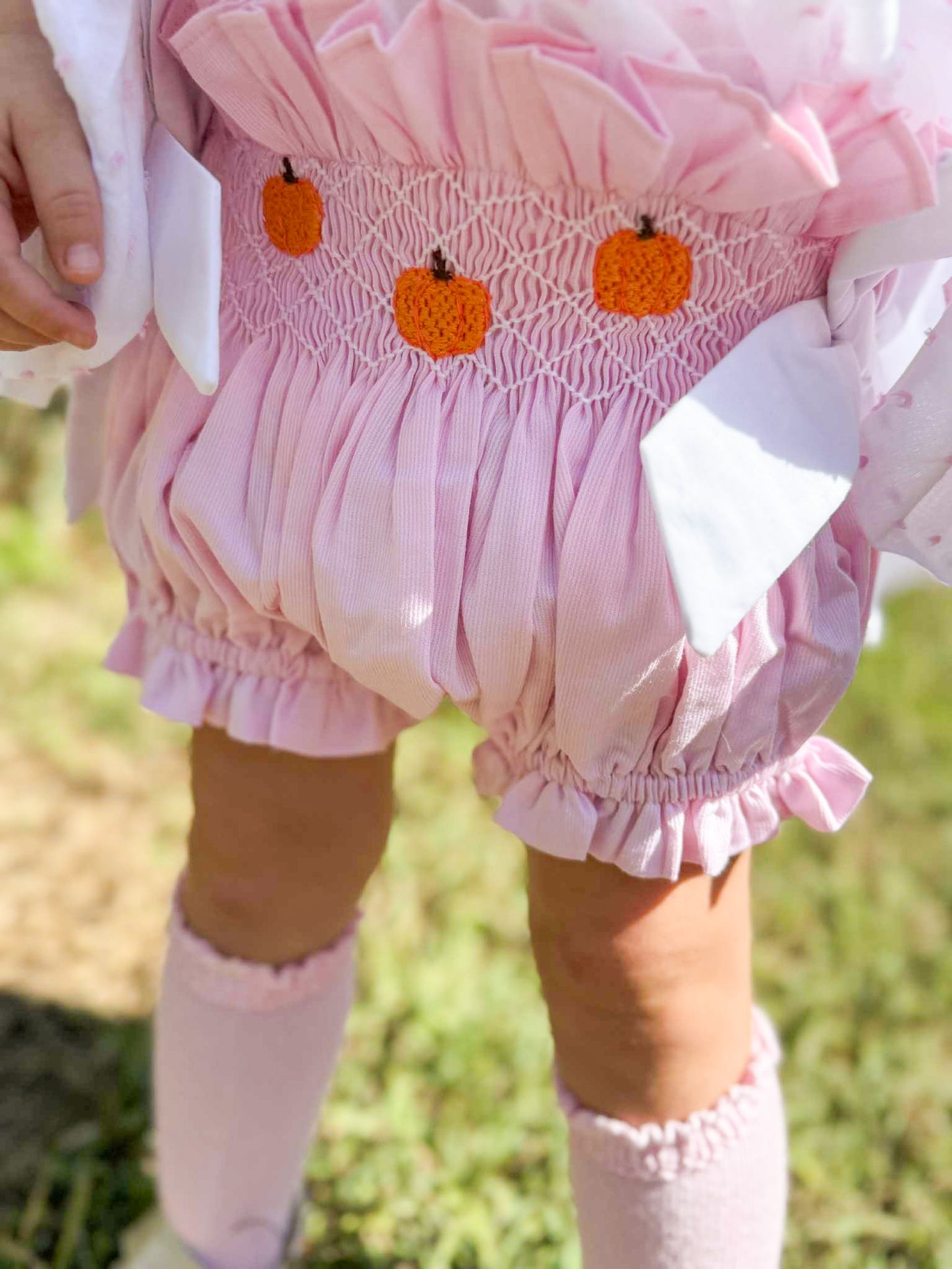 RTS - Swiss Dot Pumpkins - Allison’s Smocked Waist Diaper Bloomer Set