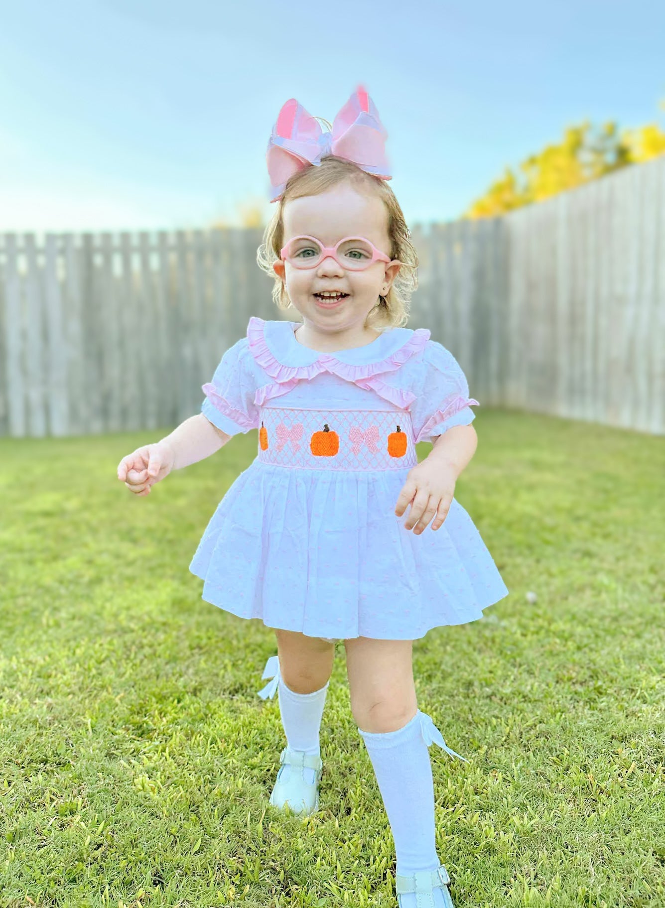 RTS - Swiss Dot Pumpkins - Allison’s Smocked Waist Diaper Bloomer Set