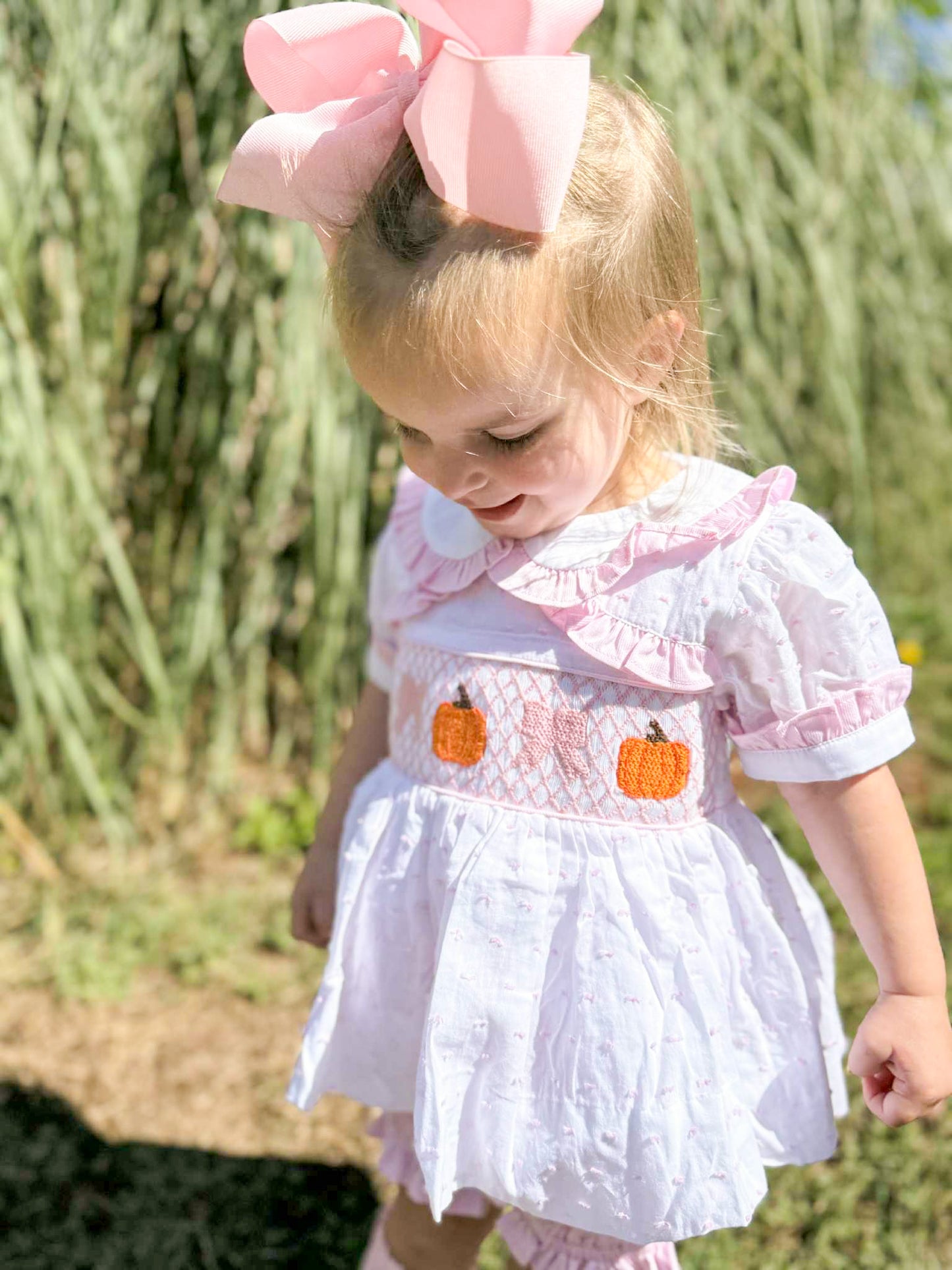 RTS - Swiss Dot Pumpkins - Allison’s Smocked Waist Diaper Bloomer Set
