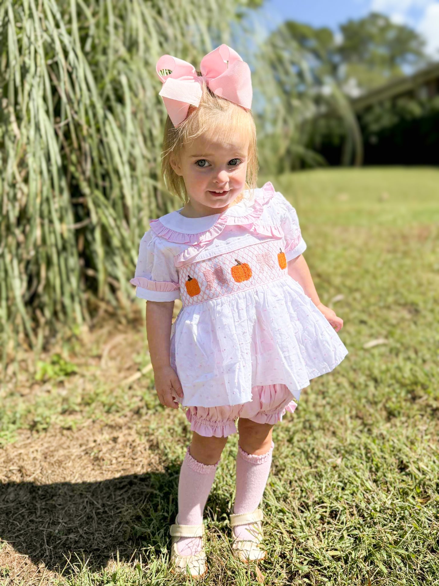 RTS - Swiss Dot Pumpkins - Allison’s Smocked Waist Diaper Bloomer Set