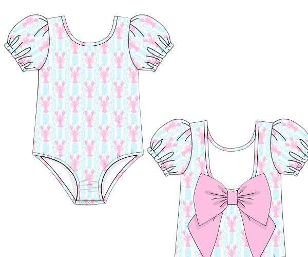 Lobster Trellis - One Piece Puff Sleeve Bow Back Swim - Girl