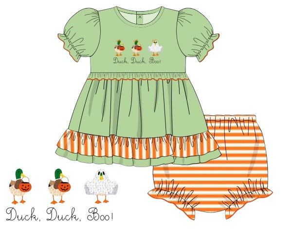 RTS - Duck, Duck, Boo - Penni’s Puffed Sleeve French Knot Bloomer Set