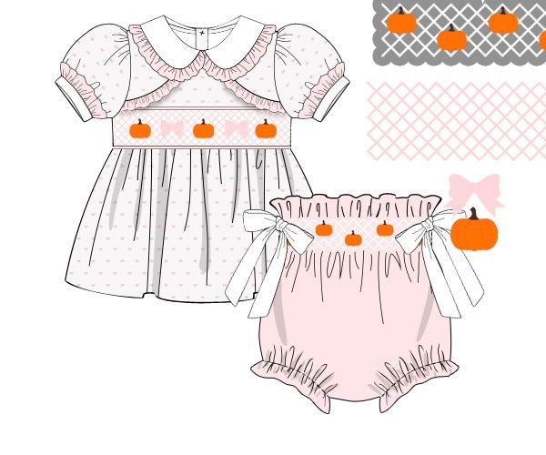 RTS - Swiss Dot Pumpkins - Allison’s Smocked Waist Diaper Bloomer Set