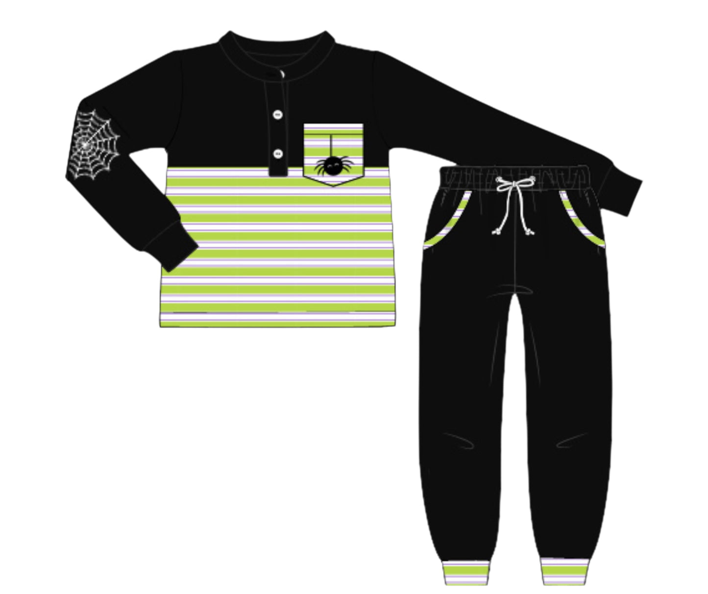 Spooky Cute Spiders- Henley’s French Knot Pocket Tee and Jogger Set
