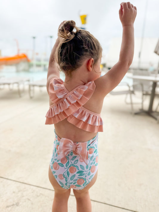 Summer Oranges - Erwin’s One-piece Swim Double Ruffle and Bow Back - Girl