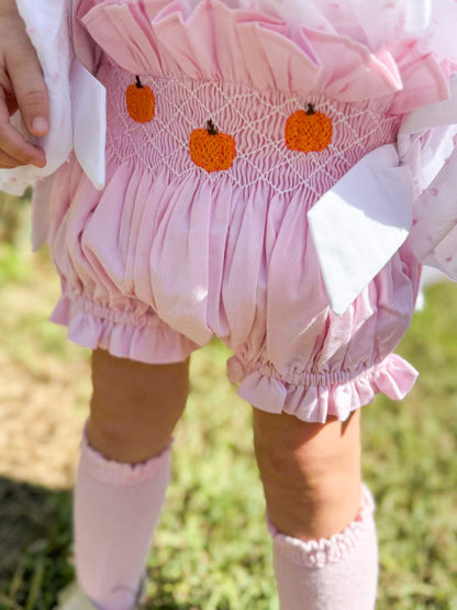 RTS - Swiss Dot Pumpkins -  Allison’s Smocked Waist Diaper Bloomer Set