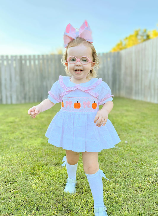 RTS - Swiss Dot Pumpkins -  Allison’s Smocked Waist Diaper Bloomer Set