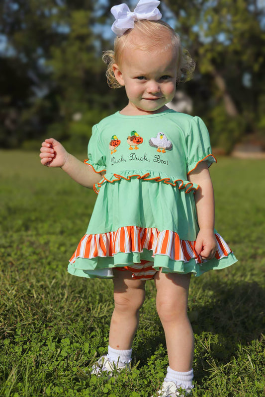 RTS - Duck, Duck, Boo - Penni’s Puffed Sleeve French Knot Bloomer Set