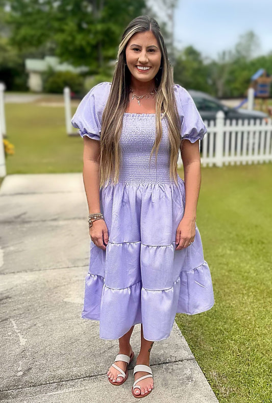 RTS - Periwinkle Petals and Stripes - Mom - Lora’s Puff Sleeve Dress