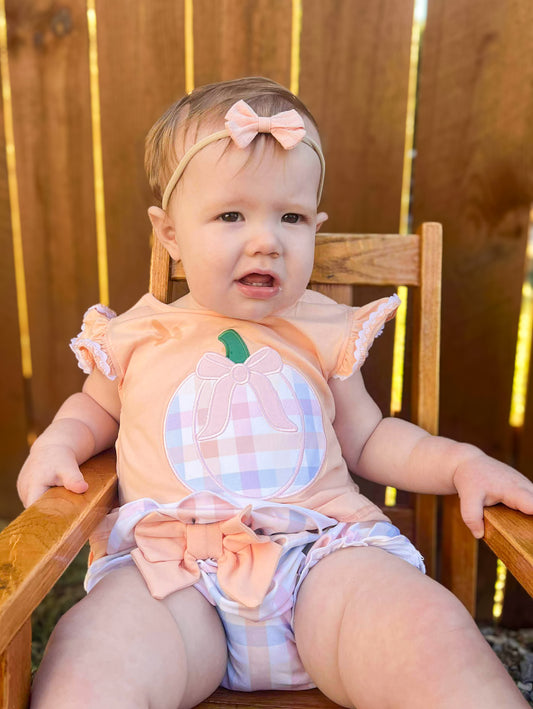 RTS - Gingham Appliqué Pumpkins - Traci’s Bow Back Diaper Set