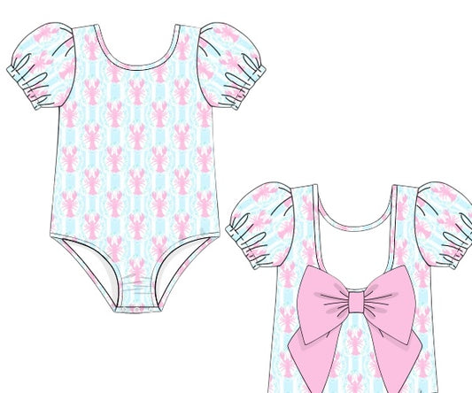 Lobster Trellis - One Piece Puff Sleeve Bow Back Swim - Girl