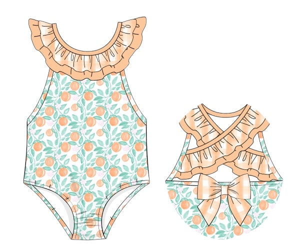 Summer Oranges - Erwin’s One-piece Swim Double Ruffle and Bow Back - Girl