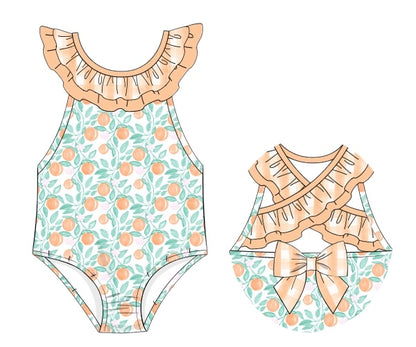 Summer Oranges - Erwin’s One-piece Swim Double Ruffle and Bow Back - Girl
