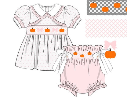 RTS - Swiss Dot Pumpkins -  Allison’s Smocked Waist Diaper Bloomer Set