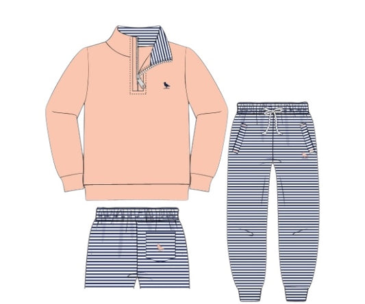 The Prep and Play Collection - Coral Top, Navy Striped Joggers