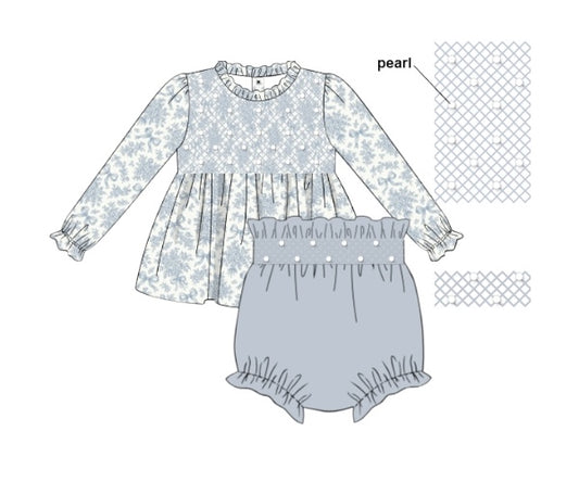 The Pearlwood Collection - Henrietta’s Geo & Pearl Smocked Waist Diaper Bloomer Set