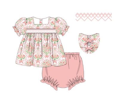 Blushing Bouquets - Penni’s Smocked Bow Back Diaper Set